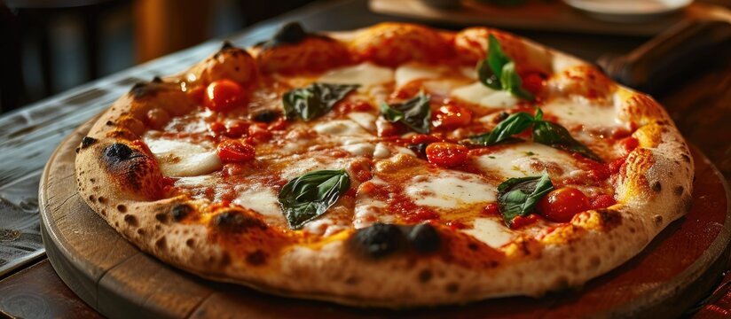 Restaurant serving a big pizza on wood. - Powered by Adobe