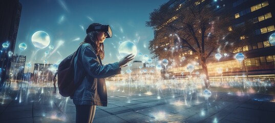 Blurred bokeh background with people using ar glasses to interact with virtual objects