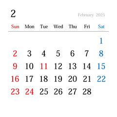 2025年2月、日本のカレンダー