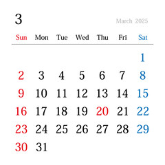 2025年3月、日本のカレンダー