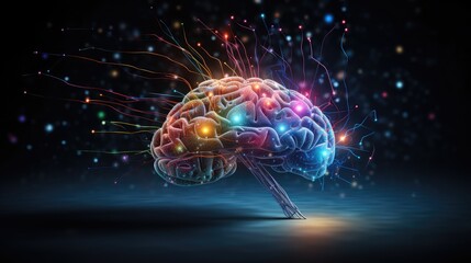 Fototapeta premium Colorful motley Brain Axon meninges and human mind skull. Neurocritical care, address neurobiology of addiction, neurocardiology, and neuroepigenetics. Neurodevelopmental neurovascular disorders. 