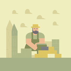 Bearded man in a hat laying bricks, constructing a wall. Builder at construction site, minimalistic style. Construction work and architecture vector illustration.