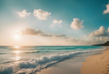 Beautiful background image of tropical beach Bright summer sun over ocean Blue sky with light clouds