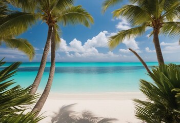 Beautiful beach with white sand shadows from leaves of palm trees turquoise ocean water and blue sky