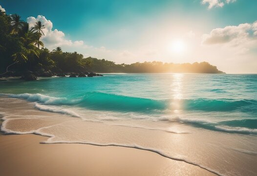 Beautiful background image of tropical beach Bright summer sun over ocean Blue sky with light clouds