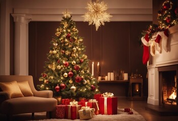 Beautiful elegant Christmas tree with Golden balls and gifts on defocused warm evening background of