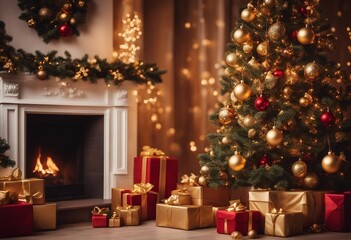 Fototapeta na wymiar Beautiful elegant Christmas tree with Golden balls and gifts on defocused warm evening background of