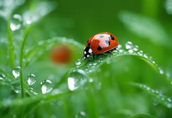 Beautiful large clean droplets of morning dew and ladybug in summer spring in green grass on nature