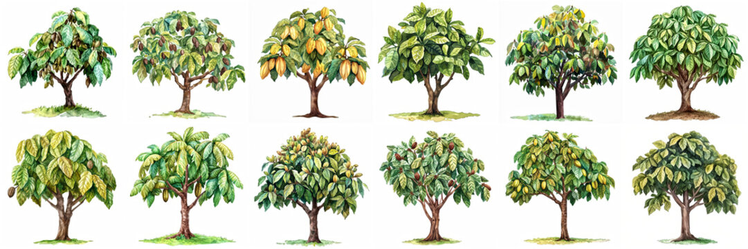 Set of cocoa tree watercolor illustration isolated on white background