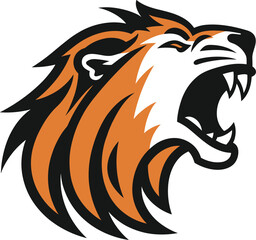 Stylized roaring lion head profile with orange and black mane. Majestic lion mascot design. Animal strength and dominance vector illustration.