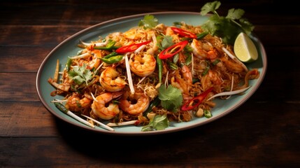A composition featuring Pad Thai with shrimp, beautifully arranged on a textured surface, highlighting the dish's enticing appeal.
