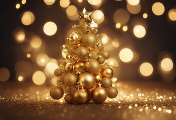 Fototapeta na wymiar Christmas tree decorated with Golden balls toys on a blurred gold sparkling and fabulous fairy backg