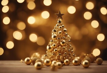 Christmas tree decorated with Golden balls toys on a blurred gold sparkling and fabulous fairy backg