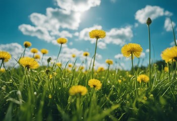 Juicy fresh young grass with yellow dandelions close-up on summer nature on blue sky background with