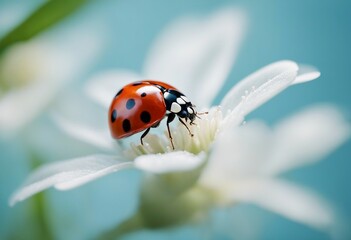 Ladybug on white flower on light blue background in rays of light with a soft focus on nature outdoo