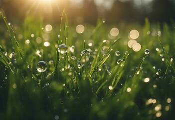 Many dew drops glow and sparkle in sun in morning fresh wet grass in nature Beautiful bokeh circles