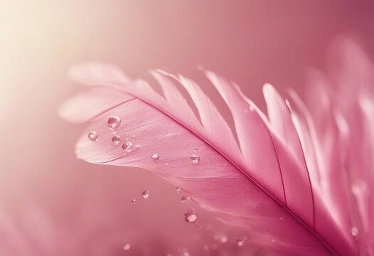 Light airy natural background in pink tones with drop of water on feather macro Elegant gentle artis