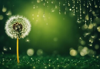 Seeds dandelion mirror reflection on Dark green background and drops dew sparkle with a beautiful go