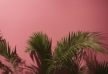 Shadow of palm leaves on pink wall with a beautiful plaster texture
