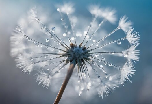 Snowflake of dew drops on a parachutes dandelion in snowdrift in the winter Abstract artistic image