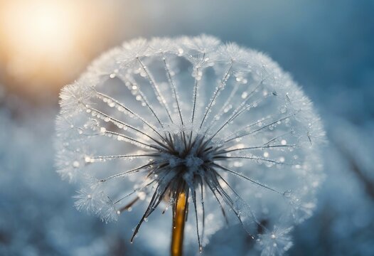 Snowflake of dew drops on a parachutes dandelion in snowdrift in the winter Abstract artistic image