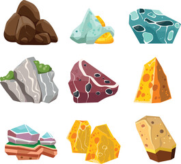 Colorful collection of cartoon rocks and minerals. Geology and nature themed design elements. Various stones and crystals vector illustration. © Vectorvstocker