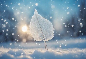 White transparent skeleton leaf on snow outdoors in winter Beautiful texture falling snow flakes sof