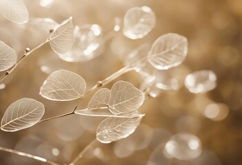 White transparent skeleton leaves with beautiful texture on a golden shiny abstract background blurr