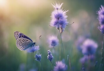 Wild blue and lilac flowering fluffy grass in field and two fluttering butterfly on nature outdoors