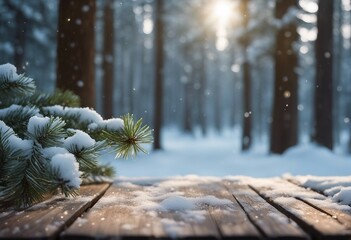 Winter christmas scenic background with copy space and snowfall Wooden flooring was strewn with snow - obrazy, fototapety, plakaty