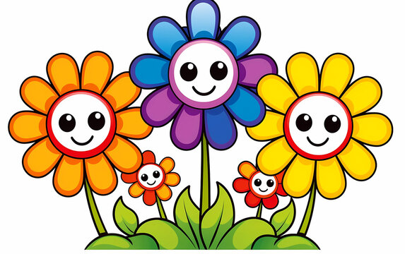 Vintage groovy 1970s flower cartoons with faces on a white background. colorful camomile flowers. 