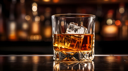 A close up of whiskey drink in a whiskey glass on a bar table - obrazy, fototapety, plakaty