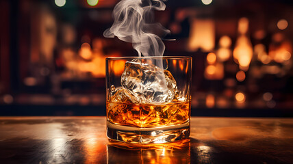 A whiskey drink in a glass with smoke coming out of the top of the glass on a bar table - obrazy, fototapety, plakaty