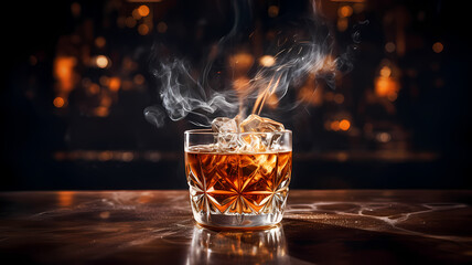 A whiskey drink in a glass with smoke coming out of the top of the glass on a bar table