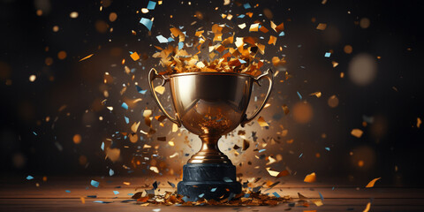 Golden reward trophy prize competition champion first place mock up  Winner trophy with flames, golden champion cup with falling confetti on dark vertical background.AI Generative - obrazy, fototapety, plakaty