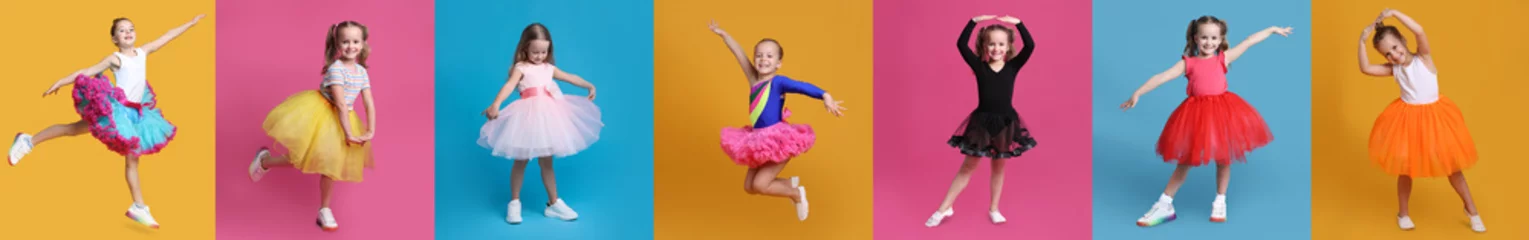 Foto op Plexiglas Dansschool Cute little girls dancing on different colors backgrounds, collection of photos