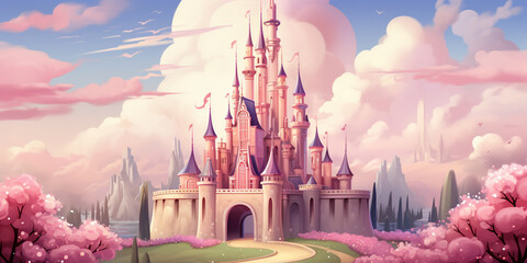  Pink clouds Flowers Kingdom Magic tower. Fairy city. Illustration for children Rendering of cartoon fantasy castle Fairy tale in the sky. 3d render illustration.AI Generative