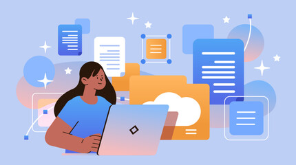 girl student using online storage on laptop screen file transfer connection docs information migration access to remote documents education day