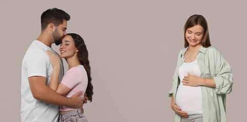 Surrogate mother and intended parents on beige background. Banner design