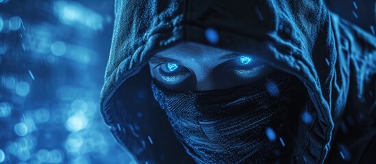 Close-up of a masked cyber criminal staring at the camera. - obrazy, fototapety, plakaty