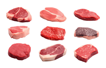 Collection of set different raw steaks isolated on transparent background. PNG file, cut out