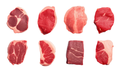 Collection of set different raw steaks isolated on transparent background. PNG file, cut out