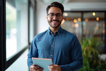Smiling busy young latin business man manager using tablet computer, happy hispanic businessman executive looking at camera holding tab working standing in office, Generative AI