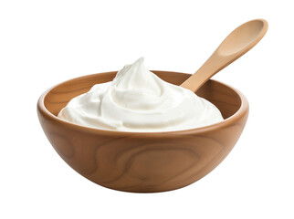 Wooden bowl and spoon filled with sour cream isolated on transparent background. PNG file, cut out