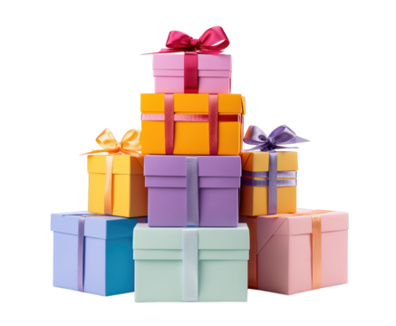 Stack of gift boxes different colors isolated on transparent background. PNG file, cut out