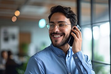 Young busy latin businessman talking on cell phone in office. Smiling hispanic business man making call on mobile technology, consulting client or having work telephone conversation, Generative AI