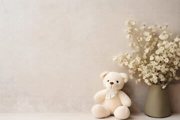 a bouquet of small white flowers and a teddy bear on a plain wall background with a place for congratulations or text