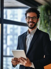 Happy professional young latin business man company employee, male corporate manager, businessman office worker looking at camera holding digital tablet standing in office, vertical, Generative AI