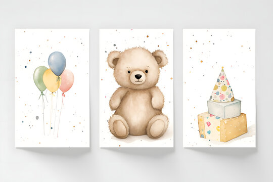 three children's posters with birthday pictures with a teddy bear, balloons, gifts painted in watercolor on a light background