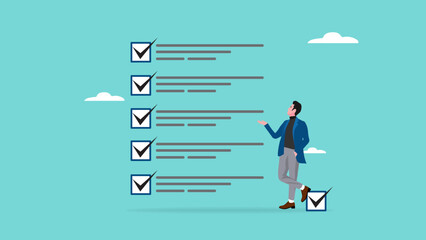 successfully achieve business targets with work list strategy plan, journey job target action career illustration, businessman completes work list by checking box on table concept vector illustration